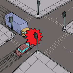 vector of a car and a truck colliding at an intersection